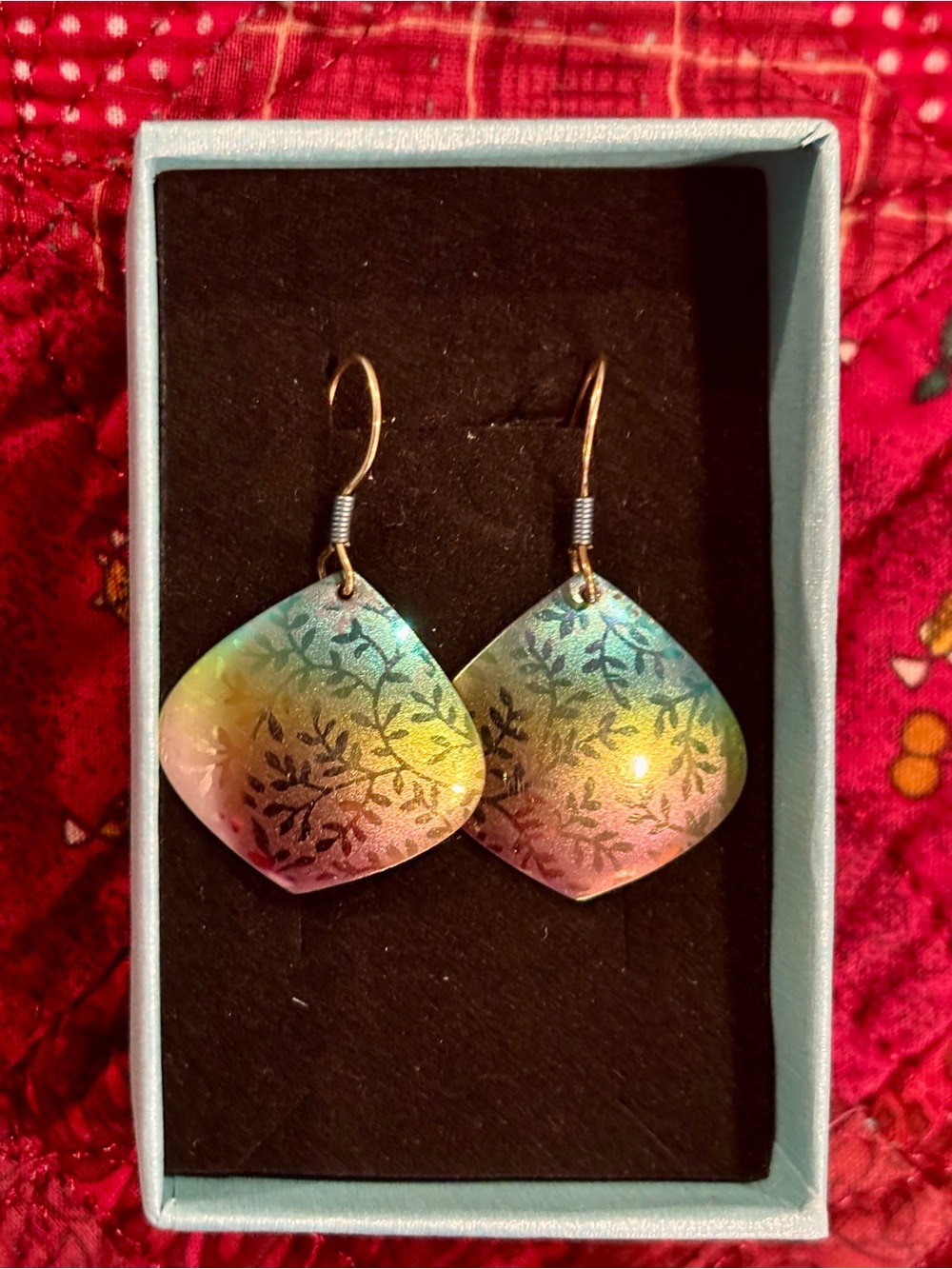 Holly Yashi signed Rainbow Gradient Leaf-Print Drop Earrings for Women